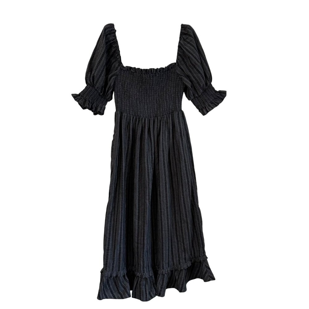 Majorelle Gray Striped Embroidered Peasant Smocked Midi Dress Womens Medium